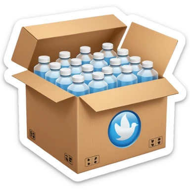 white transparent plastic bottles popping out of a delivery cardboard box sticker