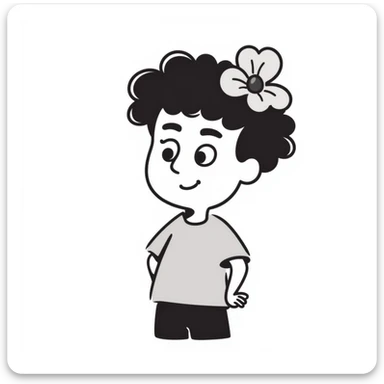 a boy with fluffy, wavy short hair and brown eyes, wearing a light grey t-shirt and a light pink flower on his head, doodle style sticker