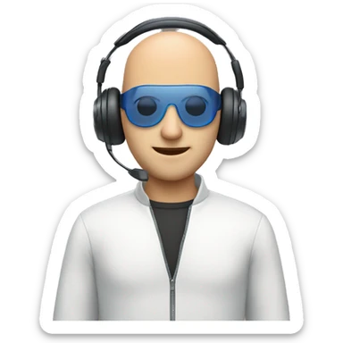Bald man with a headset and a pc with bue eyes sticker