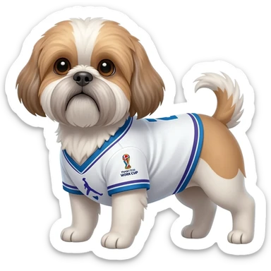 white and light brown shih zhu wearing a Jordan soccer jersey v neck 2026 work cup sticker