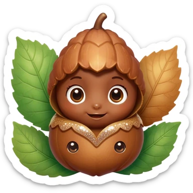 Cinematic tiny happy acorn, glossy brown, soft glowing highlights, tiny adorable face with big sparkly eyes, sitting on a pastel leaf, warm and cheerful. sticker