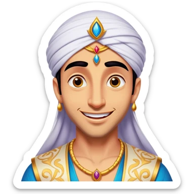 Cinematic Realistic Aladdin Portrait, head tilted dramatically with an exaggeratedly amused expression, featuring vibrant eyes and a slight, roguish grin. His detailed attire and subtle magical accents are brought to life with dynamic lighting and vivid textures, capturing a rare, playful burst of humor from a daring street-wise adventurer. sticker