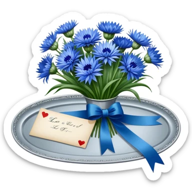 A beautifully ornate silver tray holding a bouquet of soft blue cornflowers and a love letter tied with a deep green ribbon. sticker
