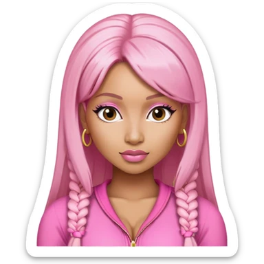 Nicki Minaj wearing a pink outfit with blonde and pink hair sticker