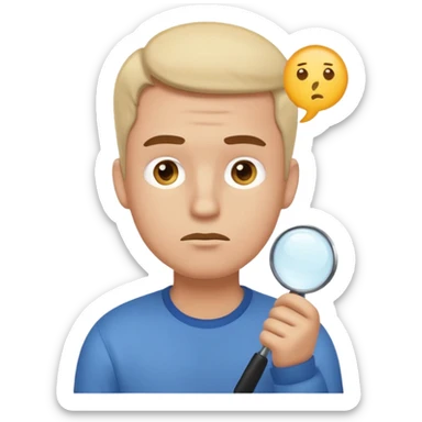 Realistic emoji-style man in simple everyday clothes, looking thoughtful and analytical. A thought bubble above his head shows a critical-thinking icon (question mark + magnifying glass). Soft lighting, expressive critical facial expression. sticker