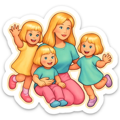 mom with long light hair and two twin girls with short light hair, all in pastel clothes, retro stickers style, soft highlights, photo inspired, different poses sticker