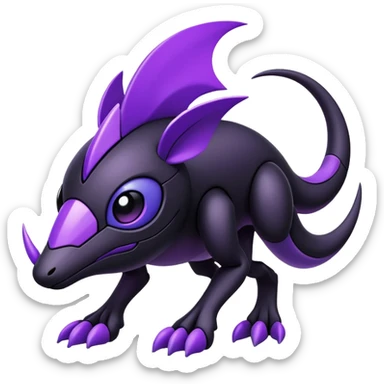 Modern futuristic black dark fakemon-creature with purple accents sticker