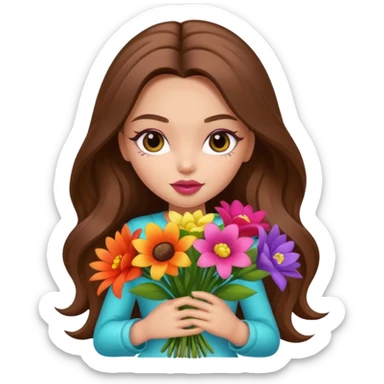 stylish pretty bratz baddie, long brown hair holding big bouet of flowers  sticker