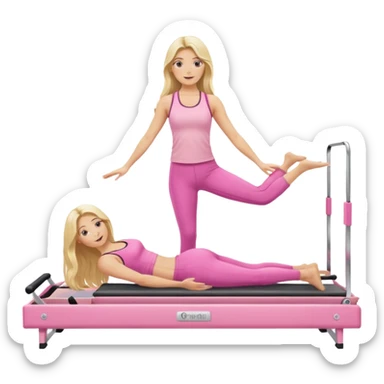 long haired blonde pilates instructor teaching reformer in pink set white reformer bed sticker