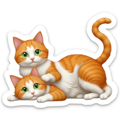 ginger and white cat with green eyes doing a big extremely long stretch reaching up into the air with arms and legs side by side together straight and overextended whilst lying on its side sticker