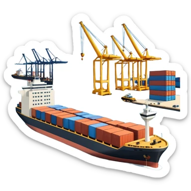 A 3D cartoon cargo or passenger seaport terminal with cranes and ships docked, calm lighting, Memoji-style realism. sticker