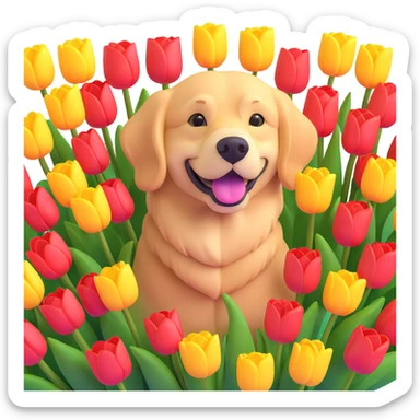 golden retriever surrounded by tulips sticker