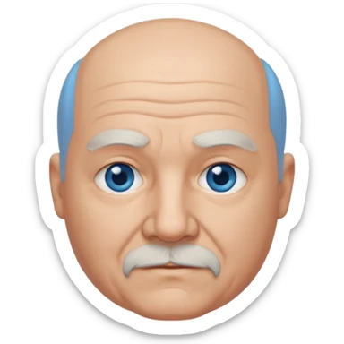 75,  bald, grey side hair, chubby, blue eyes, goatee sticker