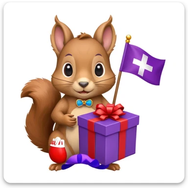 a squirrel holding a purple gift box in one hand and a red Swiss flag in the other, both objects clearly visible, simple white background, the gift is a different color from the flag sticker