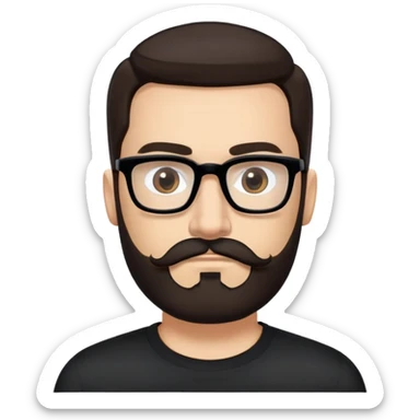 Caucasian male, medium long-length hair straight dark brown hair combed back, thick dark eyebrows, rectangular black eyeglasses, full beard and mustache neatly groomed, neutral facial expression, wearing a black crew neck shirt. sticker