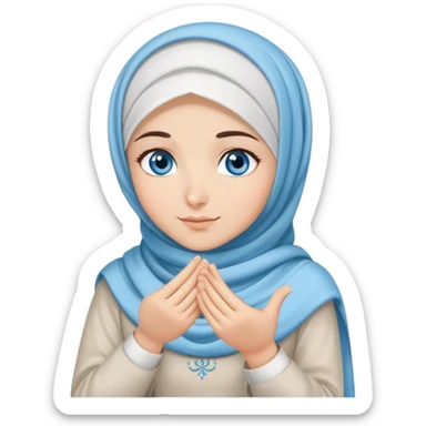 Turkish beautiful finish Konya girl blue eyes with cloudy hijab dress islamic dress and had on her hand text Eid Mubarak  sticker