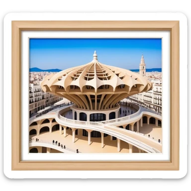 Cinematic Realistic Metropol Parasol Landmark Emoji, depicted with a modern wooden structure set against a vibrant cityscape rendered with detailed textures and dynamic, contemporary lighting. sticker