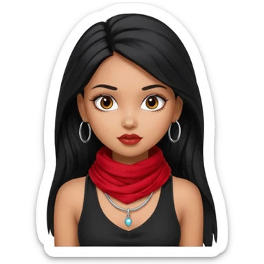 a pretty bratz dusky girl with long black hair, kajal under eyes, small silver hoop. black tank top on. Red scarf around neck sticker