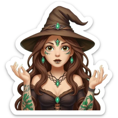 forest witch woman long wavy brown hair tattoos blowing glowing powder toward viewer sticker