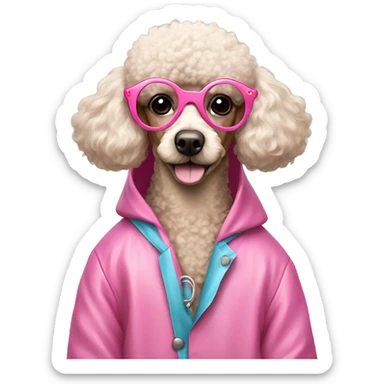 Poodle wearing a pink raincoat and heart shaped glasses sticker