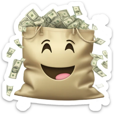 A smiley crying with laughter while holding a bag of money, symbolizing unexpected success. sticker