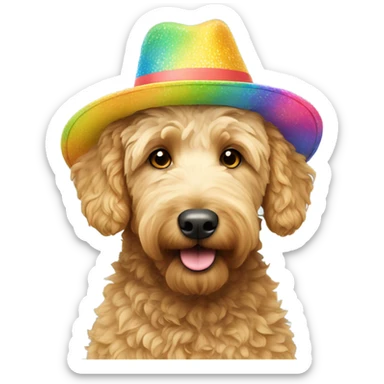 Golden doodle with a summer hat sticker