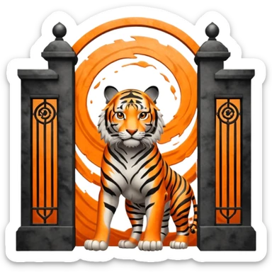Traditional Chinese ink painting style emoji. A powerful tiger (like the ancient character 虎), standing guard in front of mystical gates (門). Energy swirls around him like a vortex (🌀). Minimalist, transparent background, 512x512 pixels. sticker