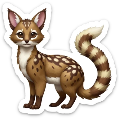 Colorful dark realistic chocolate-brown tropical beige fur glorious divine exotic cute cool beautiful shiny beautiful fantasy-Furret-Eevee-caracal-civet-genet-sergal-vernid-Cacomistle-oncilla-animal-Fakémon-hybrid-fursona with white deer-spots pattern markings (full body) sticker