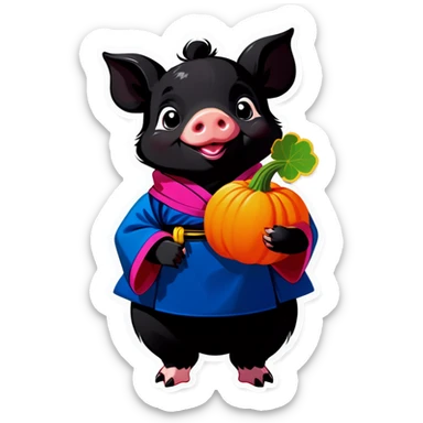 A black piglet wearing hanbok with "luck” written on it and holding a pumpkin. sticker