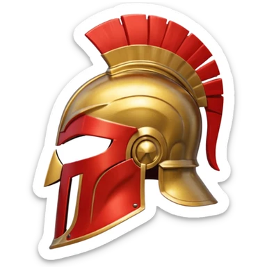 Side view of a gold Spartan helment with a red crest sticker