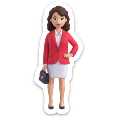 brunette woman with wavy hair, wearing a white dress shirt and red blazer sticker