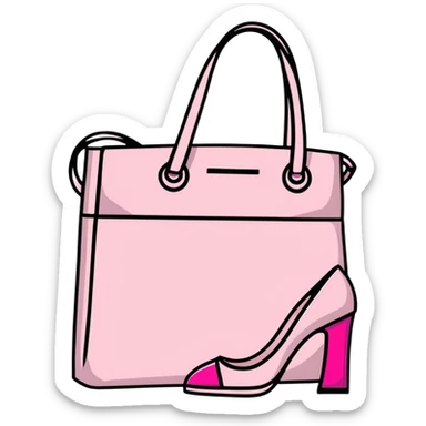Girly fashion items like pink lipstick, high heels, and handbag sticker
