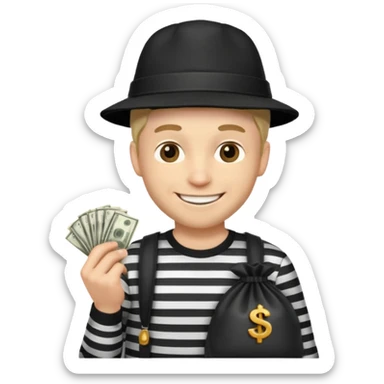 robber with 4 lines of black and white striped shirt and he has a money bag in his hand and a robber hat and he is smiling and he is white sticker