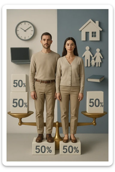 Uomo e donna in piedi l’uno accanto all’altra, al centro di una bilancia perfettamente in equilibrio. Entrambi vestiti in modo simile (moderno e neutro), con espressioni serene e rispettose. Sotto i loro piedi, due blocchi con scritto '50%' ciascuno. Sullo sfondo, elementi divisi simmetricamente: lavoro, famiglia, tempo libero, rappresentati equamente da entrambi. Atmosfera armoniosa, illuminazione equilibrata, colori neutri e simbolici (bianco, grigio, blu e oro). Stile realistico con accento simbolico sul concetto di equità in italiano sticker
