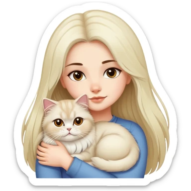 A pretty girl with long dark hair is hugging her light hair persian cat. sticker