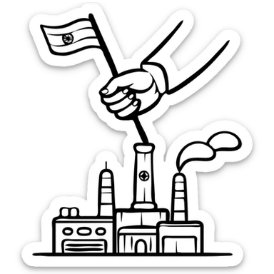 government hand taking control of factory with Indian flag, representing nationalization sticker