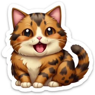 Cinematic Cute Yawning Tortoiseshell Cat Portrait Emoji, Head slightly tilted with a wide, adorable yawn and half-closed, dreamy eyes, featuring a warm, mottled fur of rich browns and blacks, simplified yet irresistibly cute, highly detailed, glowing with a soft, slumbering radiance, high shine, exuding a relaxed, drowsy charm, styled with a gentle, soft glowing outline, capturing the essence of a tortoiseshell cat in a precious moment of sleepy delight! sticker