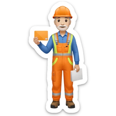 older engineer hi-vis orange overalls standing full body holding a card sticker