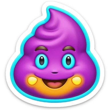 futuristic glowing poop emoji with funny smiling face, purple and cyan neon glow, dark background sticker
