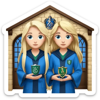 a pretty ravenclaw girl with long dark brown hair and blue eyes standing with a pretty Slytherin girl with long blonde hair, blue eyes sticker