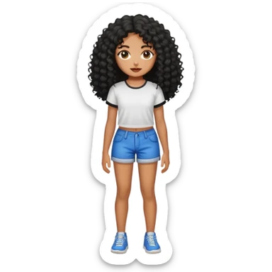 Garota emoji morena, cabelos longos cacheados pretos, short curto e top sticker