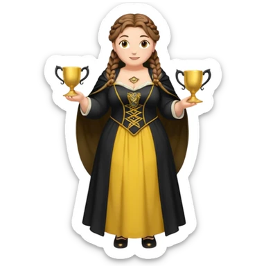 Helga Hufflepuff,brown-haired,2 braids,yellow-black medieval open dress,deep neckline,fat macromastia,black cloak decorated with gold braiding,gold cup with two handles,very kind smile,curvy busty sweet woman,round rosy cheeks,full length with medieval shoes sticker