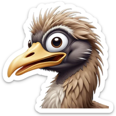 Cinematic Cute Yawning Emu Portrait Emoji, Head tilted slightly with a dramatic, wide-open yawn, showcasing a soft, downy brown plumage with gently drooping feathers and eyes barely open in drowsy contentment, Simplified yet irresistibly adorable features, highly detailed, glowing with a soft, cozy glow, high shine, relaxed yet expressive, stylized with a touch of outback charm, bright and endearing, soft glowing outline, capturing the essence of a sleepy yet affectionate emu, so drowsy it feels like it could stretch out of the screen and curl up for a nap! sticker