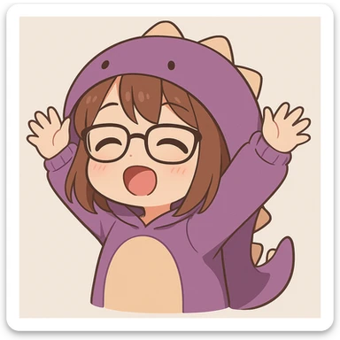Chibi anime style gamer girl with glasses, brown hair, dark purple eyes, wearing a purple dinosaur costume, new pose with arms up in excitement, making a sleepy expression, no controller, no background, same style as reference. sticker