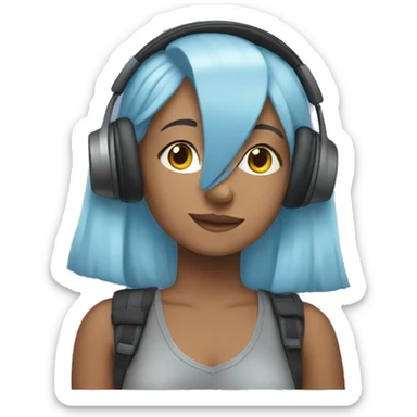 young woman with light blue hair, listening music, wearing headphones, sticker