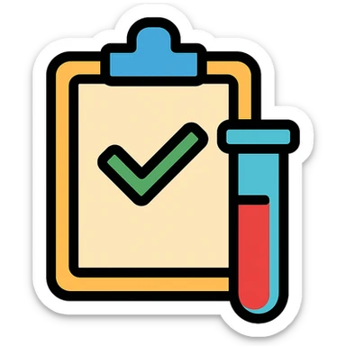 business-friendly icon for diagnostic lab approval workflow, showing a clipboard with a checkmark and test tube, modern and simple design sticker