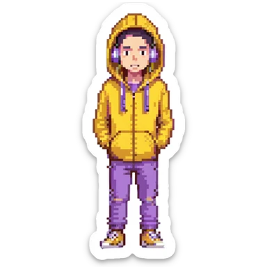 full body man, yellow hoodie, earbuds, untrusting expression, quirky proportions, head to toe sticker