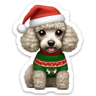 A mini poodle wearing  a Christmas sweater sticker