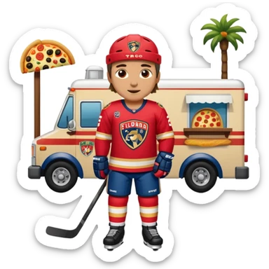 The galaxy with a with a Florida Panthers player
With a taco truck and a pizza truck with a house
With a museum behind it that has football players sticker