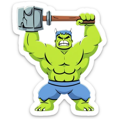 Hulk lifting Thor's hammer triumphantly sticker